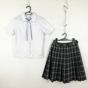 1円 ブラウス チェックスカート 紐タイ 上下3点セット 夏物 女子 学生服 中学 高校 白 制服 中古 ランク:B EY7047