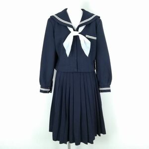 1円 セーラー服 スカート スカーフ 上下3点セット 160B 大きいサイズ 冬物 白2本線 女子 学生服 中学 高校 紺 制服 中古 ランクC NA3235