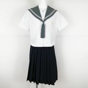 1円 セーラー服 スカート ネクタイ 上下3点セット 夏物 白2本線 女子 学生服 大分野津中学 白 制服 中古 ランクC NA2595