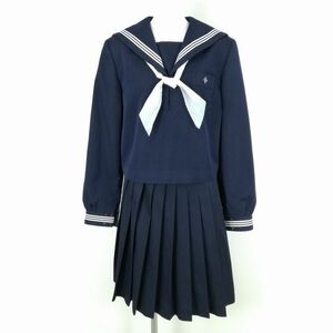 1円 セーラー服 スカート スカーフ 上下3点セット 175A 大きいサイズ カンコー 冬物 白3本線 女子 高知野市中学 紺 中古 ランクC NA3210