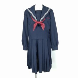 1円 セーラー服 ジャンパースカート スカーフ 上下3点セット 指定 冬物 白3本線 女子 学生服 福岡篠栗中学 紺 制服 中古 ランクC NA2842の画像1