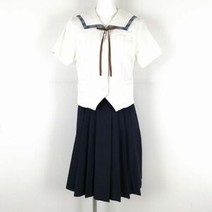 1円 セーラー服 スカート 紐タイ 上下3点セット 夏物 柄1本線 女子 学生服 熊本合志中学 白 制服 中古 ランクC NA2429