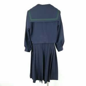 1円 セーラー服 スカート スカーフ 上下3点セット 170B 大きいサイズ 冬物 緑2本線 女子 学生服 中学 高校 紺 制服 中古 ランクC NA2557の画像2