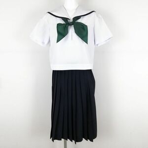 1円 セーラー服 スカート スカーフ 上下3点セット 夏物 青1本線 女子 学生服 高知西部中学 白 制服 中古 ランクC NA1983