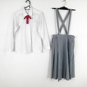 1円 ブラウス スカート リボン 上下3点セット トンボ 中間服 女子 学生服 中学 高校 白 制服 中古 ランク:C EY6110