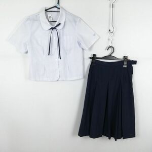 1円 ブラウス スカート 紐タイ 上下3点セット L 夏物 女子 学生服 宮崎佐土原高校 白 制服 中古 ランク:C EY6103