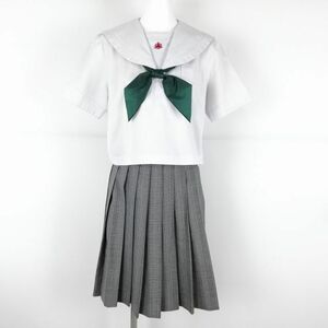 1円 セーラー服 チェックスカート スカーフ 上下3点セット 夏物 白3本線 女子 学生服 福岡新宮高校 白 制服 中古 ランクC NA2413