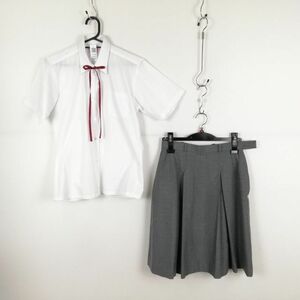 1円 ブラウス スカート 紐タイ 上下3点セット 冬物 女子 学生服 中学 高校 白 制服 中古 ランク:C EY6913