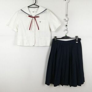 1円 セーラー服 スカート 紐タイ 上下3点セット カンコー 夏物 青2本線 女子 学生服 佐賀唐津東中学 白 制服 中古 ランク:C EY3486