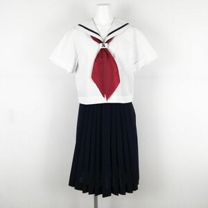 1円 セーラー服 スカート スカーフ 上下3点セット 大きいサイズ 夏物 青1本線 女子 学生服 兵庫書写中学 白 制服 中古 ランクC NA2402