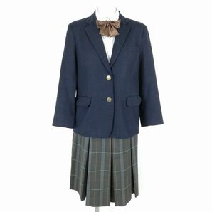 1円 ブレザー チェックスカート リボン 上下4点セット 冬物 女子 学生服 中学 高校 紺 制服 中古 ランクC NA2565の画像1