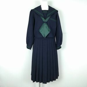 1円 セーラー服 スカート スカーフ 上下3点セット 冬物 緑2本線 女子 学生服 中学 高校 紺 制服 中古 ランクC NA2746