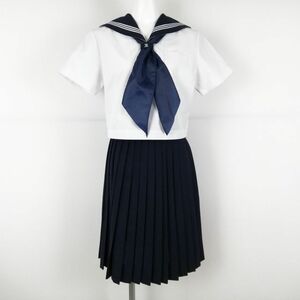 1円 セーラー服 スカート スカーフ 上下3点セット 夏物 白3本線 女子 学生服 高知商業高校 白 制服 中古 ランクB NA3222