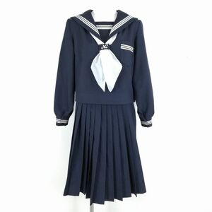 1円 セーラー服 スカート スカーフ 上下3点セット 指定 大きいサイズ 冬物 白3本線 女子 学生服 兵庫灘中学 紺 制服 中古 ランクB NA3487