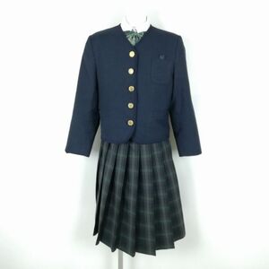 1円 イートン チェックスカート リボン 上下4点セット M トンボ 冬物 女子 学生服 中学 高校 紺 制服 中古 ランクC NA3080