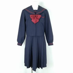 1円 セーラー服 ジャンパースカート リボン 上下3点セット 165A トンボ 冬物 赤1本線 女子 学生服 中学 高校 紺 制服 中古 ランクC NA2864の画像1