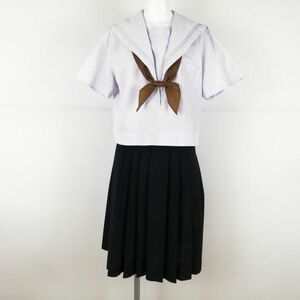 1円 セーラー服 スカート スカーフ 上下3点セット 大きいサイズ 夏物 白3本線 女子 学生服 中学 高校 白 制服 中古 ランクC NA2029