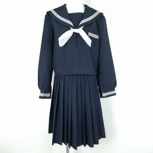 1円 セーラー服 スカート スカーフ 上下3点セット 170B 大きいサイズ 冬物 白3本線 女子 学生服 中学 高校 紺 制服 中古 ランクC NA3271