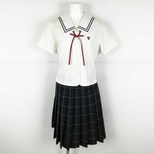 1円 セーラー服 チェックスカート 紐タイ 上下3点セット S 夏物 青2本線 女子 学生服 神奈川カリタス女子高校 白 制服 中古 ランクC NA2417