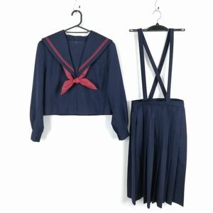 1円 セーラー服 スカート スカーフ 上下3点セット トンボ 冬物 赤2本線 女子 学生服 中学 高校 紺 制服 中古 ランクC NA3517