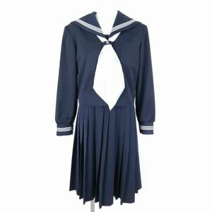 1円 セーラー服 ジャンパースカート スカーフ 上下3点セット 冬物 白3本線 女子 学生服 高知商業高校 紺 制服 中古 ランクC NA3202