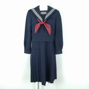 1円 セーラー服 ジャンパースカート スカーフ 上下3点セット 160Y ミッシェルクラン 冬物 白3本線 女子 中学 高校 紺 中古 ランクC NA3862