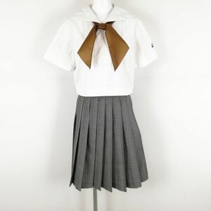 1円 セーラー服 チェックスカート スカーフ 上下3点セット 夏物 白3本線 女子 学生服 福岡香椎高校 白 制服 中古 ランクC NA2522