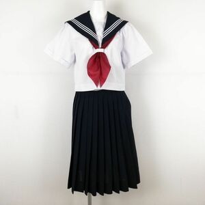 1円 セーラー服 スカート スカーフ 上下3点セット 160A 夏物 白3本線 女子 学生服 中学 高校 白 制服 中古 ランクC NA3121