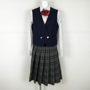 1円 ベスト チェックスカート リボン 上下4点セット カンコー 冬物 女子 学生服 中学 高校 紺 制服 中古 ランクB NA2804