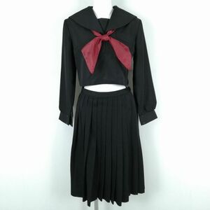 1円 セーラー服 スカート スカーフ 上下3点セット M 冬物 女子 学生服 愛媛立花中学 黒 制服 中古 ランクC NA3497