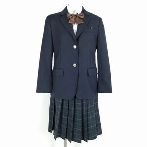 1円 ブレザー チェックスカート リボン 上下4点セット S カンコー 冬物 女子 学生服 中学 高校 紺 制服 中古 ランクB NA3488