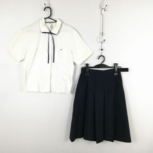 1円 ブラウス スカート 紐タイ 上下3点セット M 夏物 女子 学生服 兵庫明石商業高校 オフ白 制服 中古 ランク:C EY7600