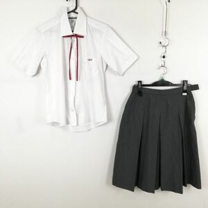 1円 ブラウス スカート 紐タイ 上下3点セット M 大きいサイズ 夏物 女子 学生服 大阪常翔学園中学高校 白 制服 中古 ランク:C EY7506