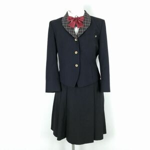 1円 ブレザー スカート リボン 上下4点セット M 冬物 女子 学生服 大阪生野高校 紺 コシノヒロコ 制服 中古 ランクC NA3287