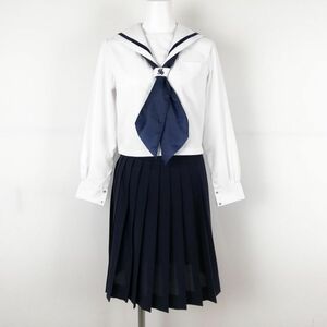 1円 セーラー服 スカート スカーフ 上下3点セット カンコー 中間服 青1本線 女子 学生服 兵庫書写中学 白 制服 中古 ランクC NA3160