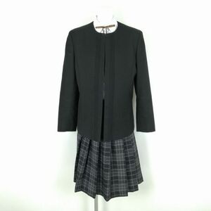 1円 ジャケット チェックスカート 紐タイ 上下4点セット 170A トンボ 冬物 女子 学生服 神奈川三崎中学 黒 制服 中古 ランクB NA2418