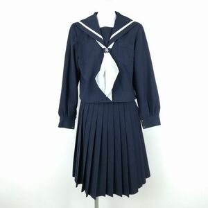 1円 セーラー服 スカート スカーフ 上下3点セット 大きいサイズ 冬物 白1本線 女子 学生服 兵庫書写中学 紺 制服 中古 ランクC NA3413