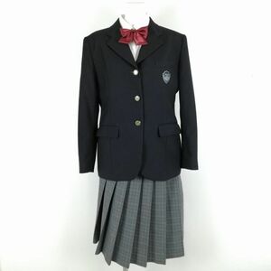 1円 ブレザー チェックスカート リボン 上下4点セット トンボ 冬物 女子 学生服 神奈川菅高校 紺 制服 中古 ランクC NA3713