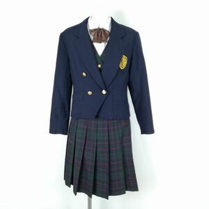 1円 ブレザー ベスト チェックスカート リボン 上下5点セット 指定 冬物 女子 学生服 東京鶴川高校 紺 制服 中古 ランクC NA3920