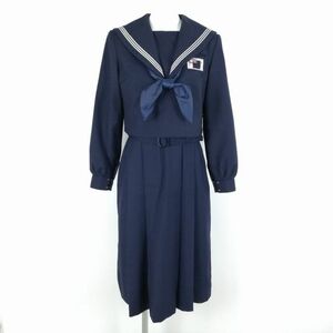 1円 セーラー服 ジャンパースカート スカーフ 上下3点セット 150 トンボ 冬物 白3本線 女子 学生服 福岡梅林中学 紺 中古 ランクC NA3491