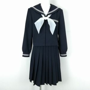 1円 セーラー服 スカート スカーフ 上下3点セット 165A 冬物 白2本線 女子 学生服 中学 高校 紺 制服 中古 ランクC NA3499