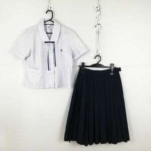 1円 ブラウス スカート 紐タイ 上下3点セット 大きいサイズ 夏物 女子 学生服 兵庫飾磨高校 白 制服 中古 ランク:C EY7660