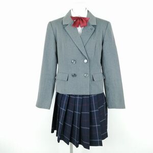 1円 ブレザー チェックスカート リボン 上下4点セット 冬物 女子 学生服 熊本鎮西高校 グレー 制服 中古 ランクC NA3610