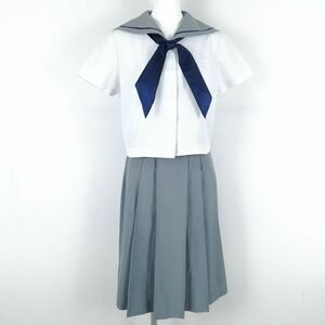 1円 セーラー服 スカート スカーフ 上下3点セット M 夏物 青1本線 女子 学生服 中学 高校 白 制服 中古 ランクC NA2728