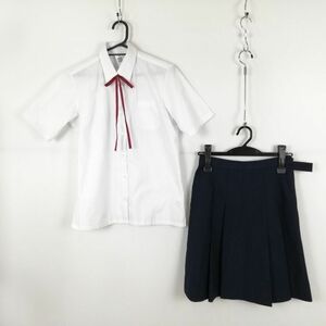 1円 ブラウス スカート 紐タイ 上下3点セット 160A 大きいサイズ 夏物 女子 学生服 中学 高校 白 制服 中古 ランク:C EY7691