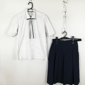 1円 ブラウス スカート 紐タイ 上下3点セット 大きいサイズ 夏物 女子 学生服 中学 高校 白 制服 中古 ランク:C EY7689