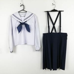 1円 セーラー服 スカート スカーフ 上下3点セット 大きいサイズ 特大 中間服 青3本線 女子 学生服 中学 高校 白 制服 中古 ランクC NA3483