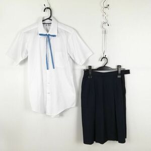 1円 ブラウス スカート 紐タイ 上下3点セット 大きいサイズ 夏物 女子 学生服 中学 高校 白 制服 中古 ランク:C EY7686