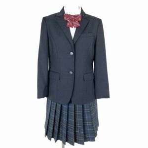 1円 ブレザー チェックスカート リボン 上下4点セット M トンボ 冬物 女子 学生服 東京松濤中学 紺 制服 中古 ランクB NA4017