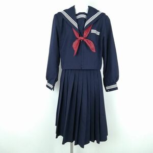 1円 セーラー服 スカート スカーフ 上下3点セット 大きいサイズ 冬物 白3本線 女子 学生服 中学 高校 紺 制服 中古 ランクB NA3414